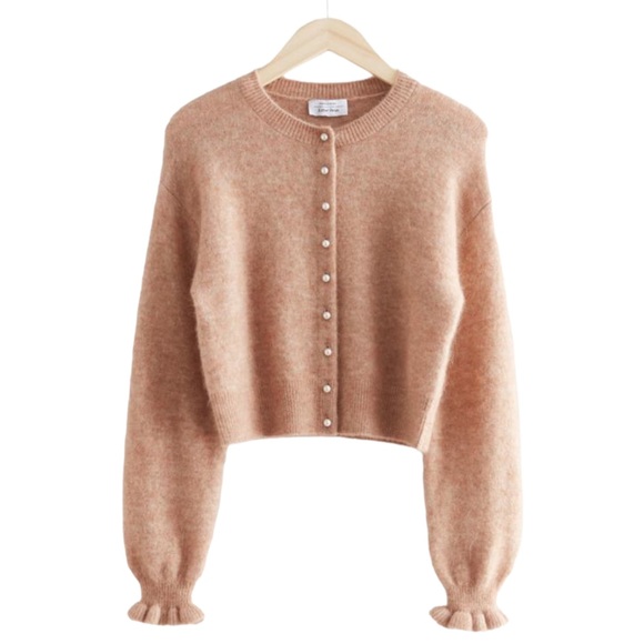& Other Stories Sweaters - & Other Stories Tan Wool Ruffle Cuff Mohair Blend Pearl Button Cardigan Size S